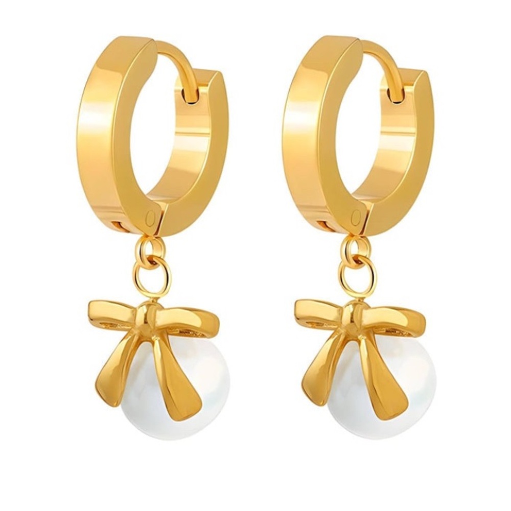 Gold Plated Pearl Imitation Hoop Earrings Chic Trendy Bow Minimalist Elegant